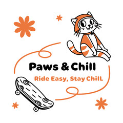 Cute Cat Skateboarding t-shirt design Vector Illustration with Retro Text Paws & Chill, Cute cat t-shirt print modern vector illustration, easily editable and scalable.