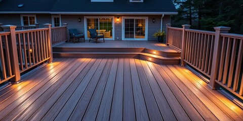 Ash grey composite decking with two-tiered deck lighting,  cool light,  space