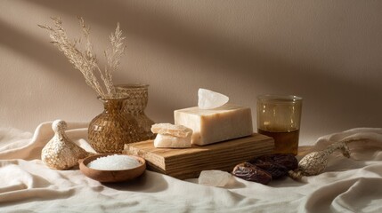 Spa soap bars with decorative plants and candle placed on beige background