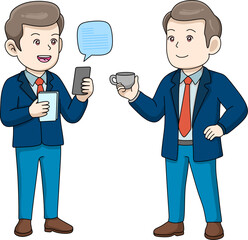 Two businessmen having a casual discussion or meeting. One man is holding a smartphone with a speech bubble, and the other is holding a cup of coffee. Cartoon vector illustration
