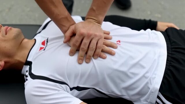 Cardiopulmonary resuscitation demonstration on athlete