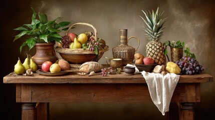 Vibrant table display with a variety of fresh fruits creating a cozy harvest feast atmosphere under warm lighting