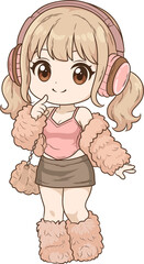 cute cartoon girl in a modern, stylish outfit. She is wearing headphones, a fluffy cardigan, and a miniskirt, with her finger on her cheek. An adorable anime-style character. Vector illustration