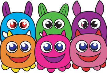 A Colorful Group of Adorable, Smiling Cartoon Monsters with Big Eyes