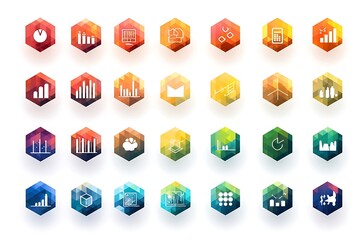 Stunning geometric icons showcase business growth data analytics and modern industry concepts in vibrant polygonal designs