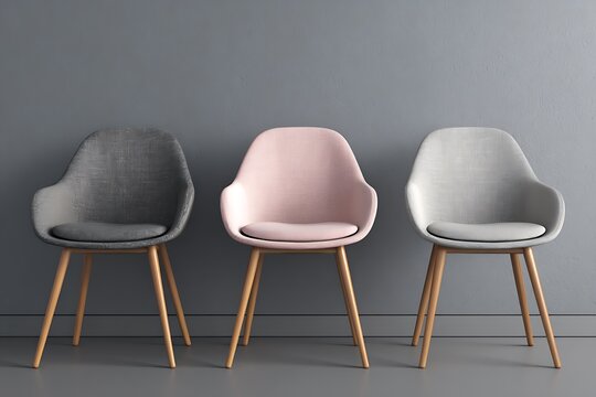 Set of three trendy chairs showing timber bases on gray field

