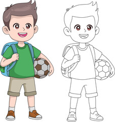 happy cartoon boy with a backpack and a soccer ball, presented in both full color and black and white outline versions. Ready for school or playing sports. Vector illustration