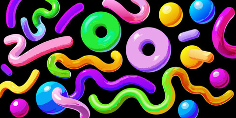 A collection of colorful, abstract, 3D squiggles and worm-like shapes scattered on a solid black background. Each shape is smooth and glossy with a soft gradient that transitions through bright neon c