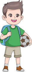 happy cartoon boy walking with a backpack and a soccer ball, ready for school or playing sports. He is smiling brightly. Vector illustration