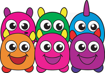 A Group of Adorable, Colorful Cartoon Monsters with Big Eyes and Happy Smiles