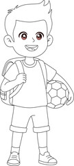 happy cartoon boy walking with a backpack and a soccer ball, ready for school or playing sports. This is a black and white outline version, perfect for a coloring page. Vector illustration