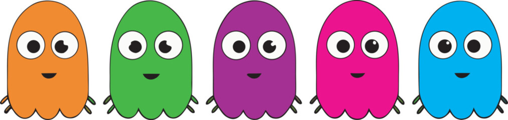 Five Colorful Cartoon Ghosts with Big Eyes and Friendly Smiles