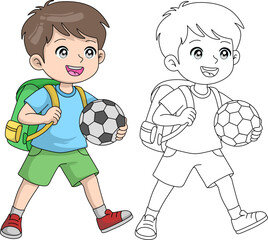 happy cartoon boy with a backpack and a soccer ball, presented in both full color and black and white outline versions. Ready for school or playing sports. Vector illustration