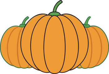 Three cartoon pumpkins with green stems and outlines on a white background