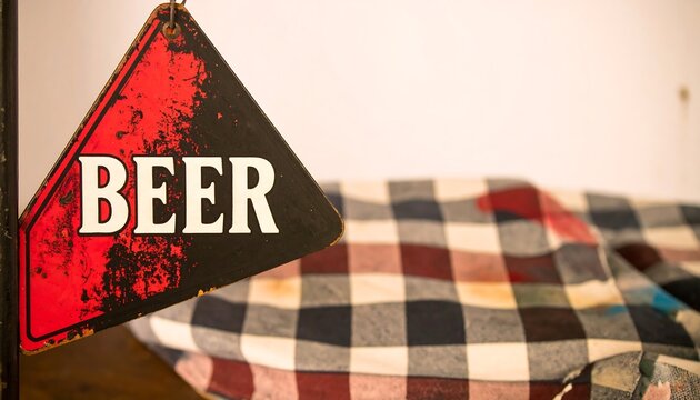 Rustic triangular beer sign hangs, blurred checkered fabric in background