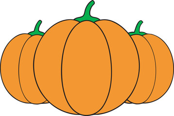 Three cartoon pumpkins with green stems on a white background, perfect for autumn themes