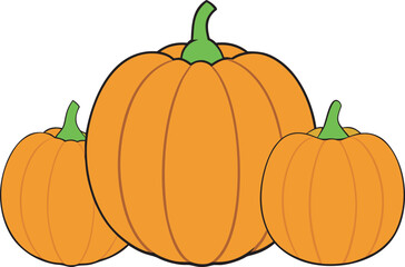 Three cartoon pumpkins, one large and two smaller, on a white background