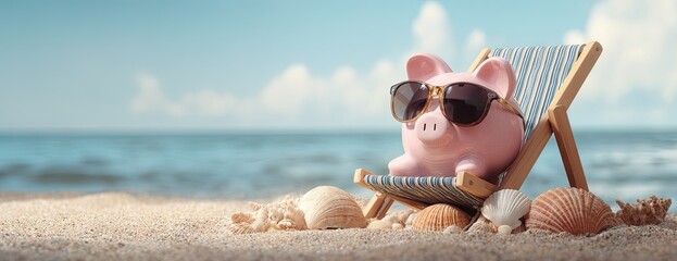 Piggy bank relaxing on beach in sunglasses enjoying summer vacation