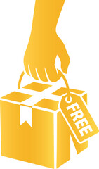 Elegant golden parcel box with free tag in hand silhouette isolated on white background