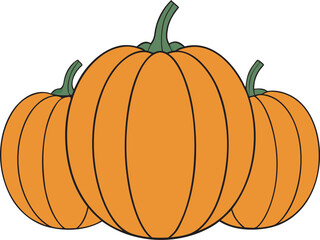 Three Orange Pumpkins with Green Stems on a White Background