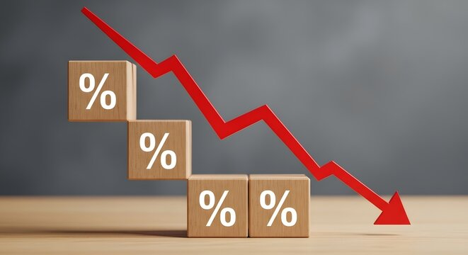 Wooden blocks with percentage signs and a red arrow pointing down indicating decrease or loss trend