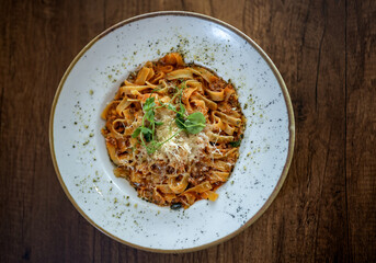 Tagliatelle Bolognese Pasta Served in Restaurant