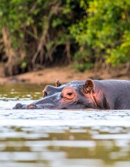 Fototapeta premium A hippopotamus rests its head on the placid water's surface, showcasing its weathered features and serene demeanor against a blurred backdrop of lush greenery.
