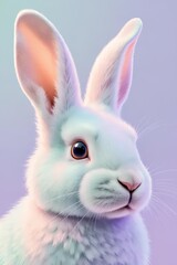 Obraz premium Close-up portrait of a cute white bunny with fluffy fur and glossy eyes, lit in soft pastel tones against a clean gradient background. Minimal, modern, and calming nursery art.