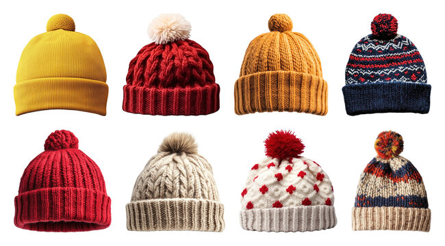 PNG Colorful knitted winter hats, element set on transparent background - Powered by Adobe