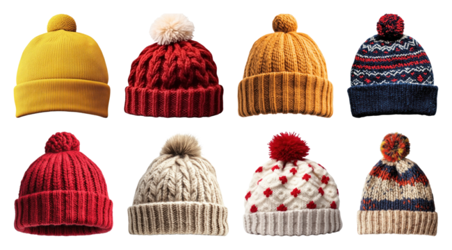 PNG Colorful knitted winter hats, element set on transparent background