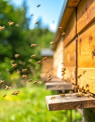 A multitude of bees are seen in flight near a beehive on a sunny day.