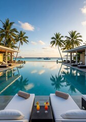 Obraz premium Idyllic tropical resort retreat with infinity pool reflecting sky and palm trees offering ultimate