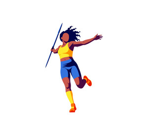 Obraz premium Dynamic Female Javelin Thrower in Action - Athletic Woman Competitor in Yellow and Blue Sportswear