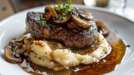 Exquisite grilled filet mignon served with creamy mashed potatoes and sautéed mushrooms, elegantly presented with a rich red wine sauce. 
