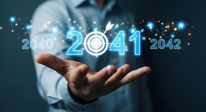 A hand presenting glowing years of 2040, 2041 with target, and 2042 against a dark background