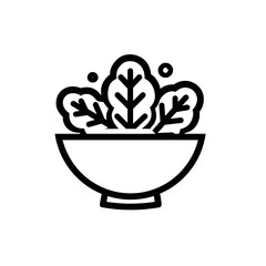 Illustration of a bowl filled with leafy greens and small circular elements in a simple black outline