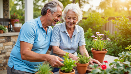 Happy elderly couple gardening with various potted plants in their backyard. Elderly couple gardening together includes potting fresh plants, enjoying sunlight, and working side-by-side.