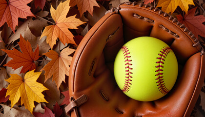 Softball in glove with autumn leaves, fall sports season concept