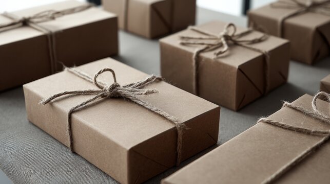 Cardboard boxes tied with string displayed lifestyle packaging storage styled composition