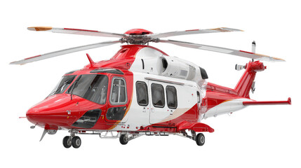 Red and white rescue helicopter with visible rotor blades isolated on a Transparent background, PNG file.