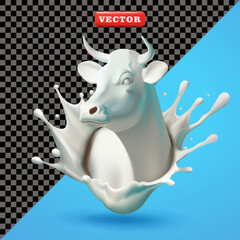 Milk splash in the shape of a cow's head, 3D vector. Suitable for health and business