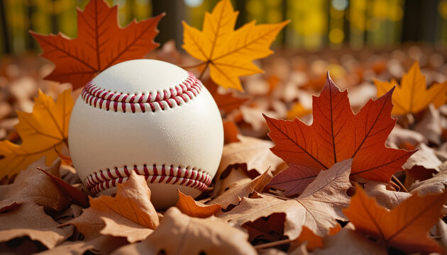 Baseball with maple leaf overlay among autumn leaves, fall sports season concept