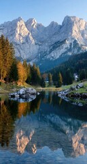 Majestic mountains reflected in a serene alpine lake.