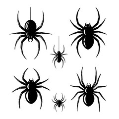 Silhouette illustration of various spiders, different sizes, hanging.