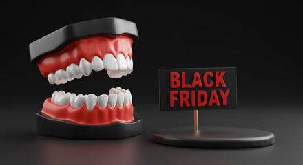 Braces model and Black Friday sign in dental clinic, orthodontic sale promotion