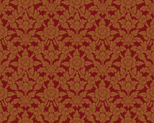 Traditional Thai art seamless floral damask pattern bold red colored motif suitable for wallpaper, cloth, textile, tile, blanket and fabric design isolated over dark red colored background.