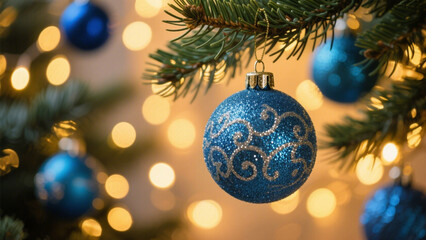 Fototapeta premium A close-up of a shimmering blue Christmas ornament with delicate glitter, hanging from lush green pine branches. Christmas, Christmas Tree, Merry Christmas, Christmas Background, Christmas Lights