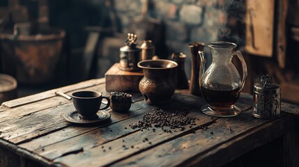 Rustic coffee brewing table antique styled dark vintage composition concept