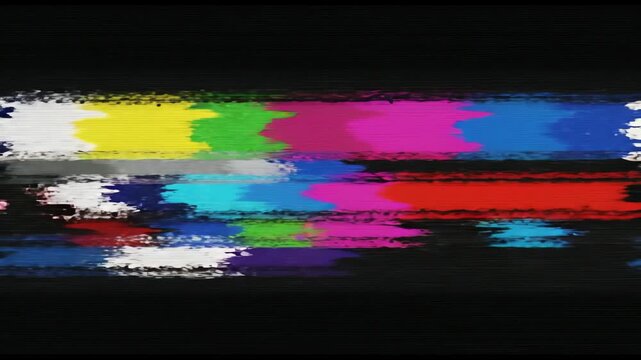 Distorted television test pattern with severe digital glitch effects, fragmented color bars, and chaotic noise on a black screen.