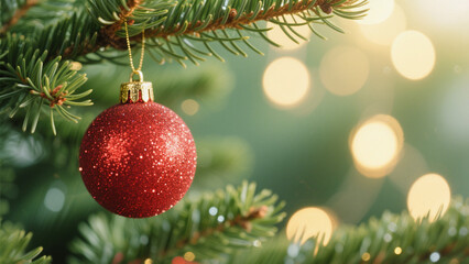 A close-up of a vibrant red Christmas ornament hanging from lush green pine branches. Christmas, Christmas Tree, Merry Christmas, Christmas Background, Christmas Lights